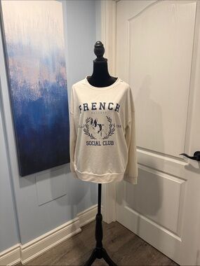 Reitmans Cream "French Social Club" Crewneck Sweater with Navy Print